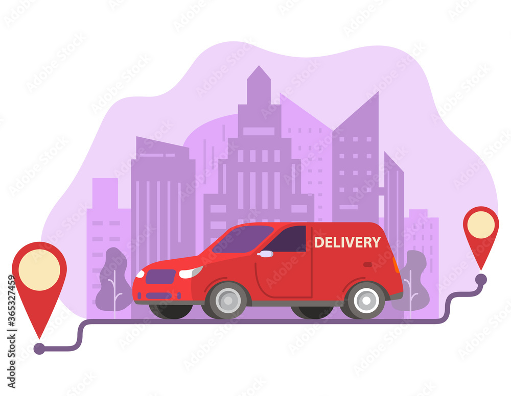 Delivery car carrying parcels on points.City skyline, skyscrapers.Delivery service.Vector illustration.