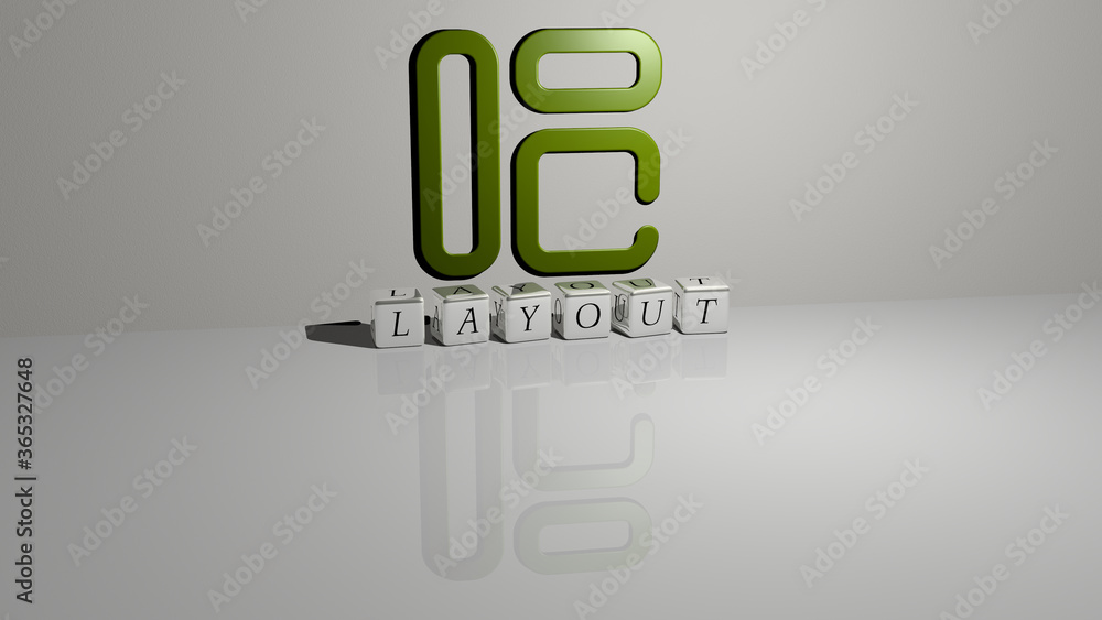 3D representation of LAYOUT with icon on the wall and text arranged by metallic cubic letters on a mirror floor for concept meaning and slideshow presentation. illustration and background 3D representation of LAYOUT with icon on the wall and text arranged by metallic cubic letters on a mirror floor for concept meaning and slideshow presentation. illustration and background