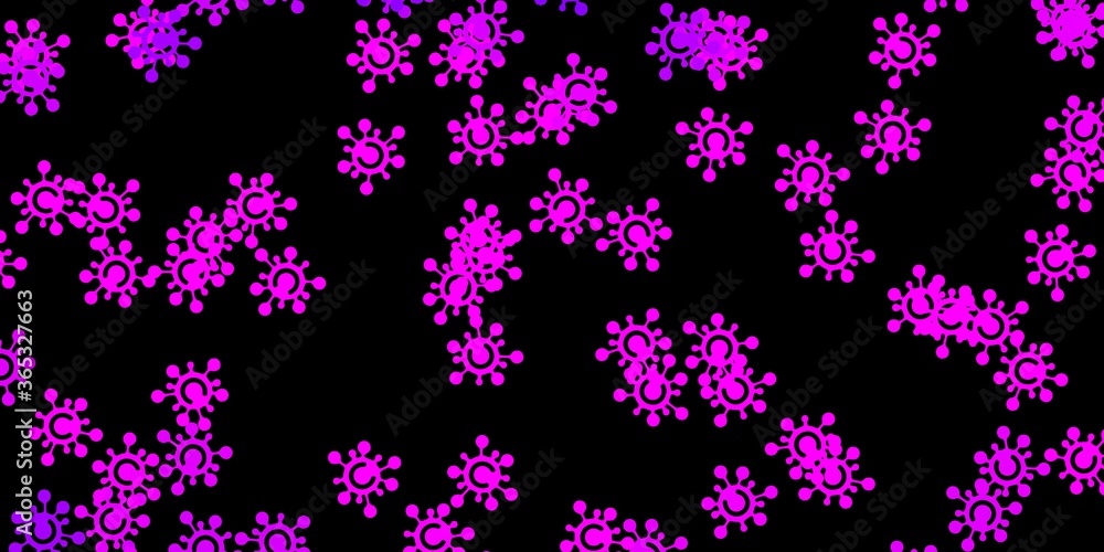 Dark purple vector background with covid-19 symbols.