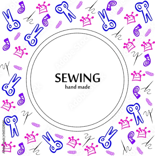 sewing and needlework background - needle, thread, scissors