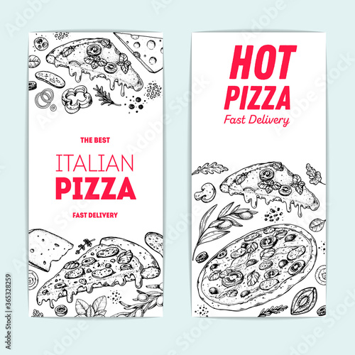 Italian pizza banners design. Pizza and ingredients. Italian food menu design template. Pizzeria menu design template. Vintage hand drawn sketch vector illustration. Engraved image.