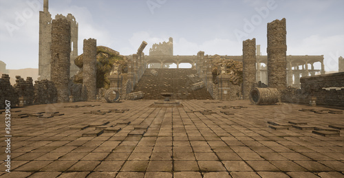 Fototapeta This is a 3D rendered illustrations scene of a level design concept based on a ancient desolate ruins that is surrounded by a desert