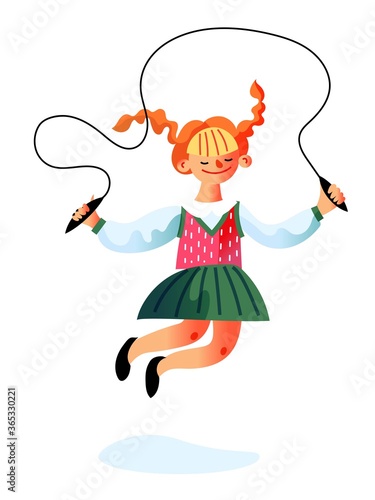 Cute schoolgirl in school uniform jumping rope