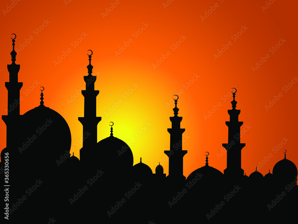 Sheikh mosque sunset United Arab Emirates uae postcard background Muslim Islamic vector illustration Saudi Arabia congratulations card