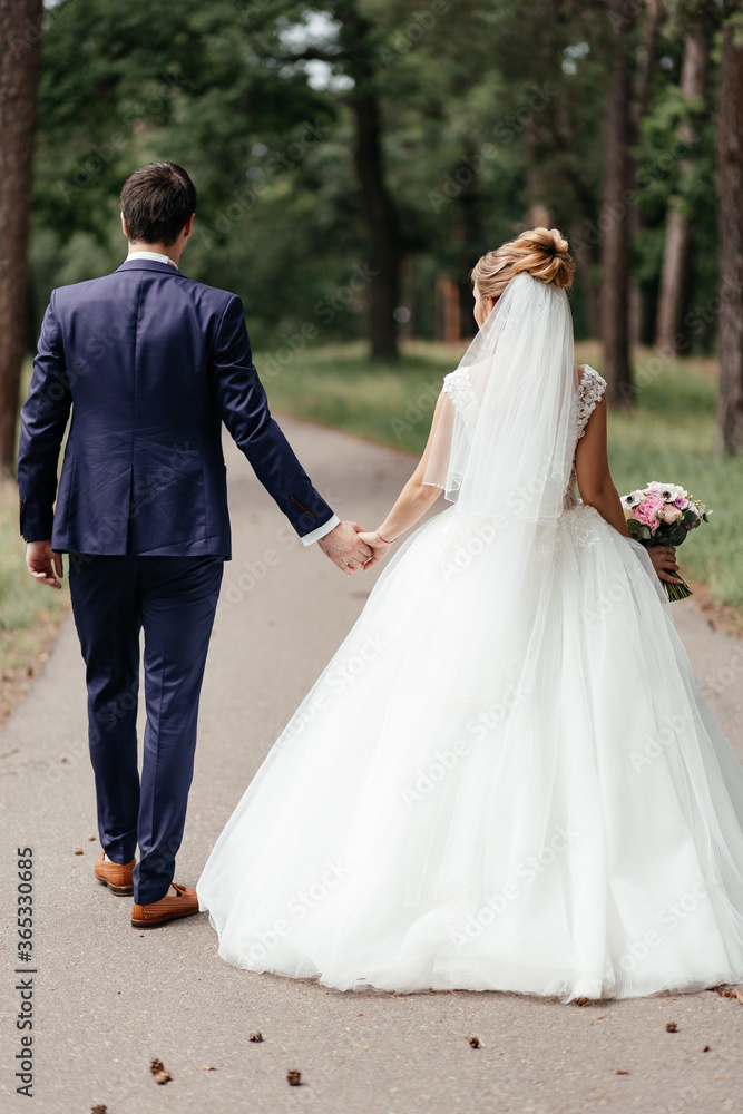 Bride in wedding dress and bridal veil and groom in suit walking in the park holding hands photographed from the back