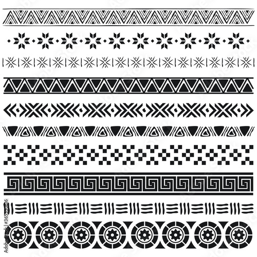 Aztec borders set. Ethnic ornament, decoration patterns in Arabic, Egyptian or native American tribal styles. Traditional ornate black dividers vector illustration collection