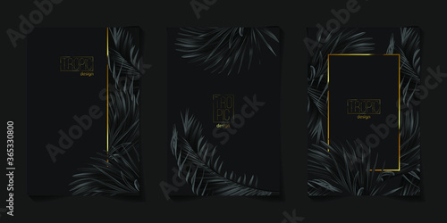 Set of tropical elegant black and gold cover template layout set with foliage background, luxury spa, hotel, card, invitation, salon and more. Vector illustration