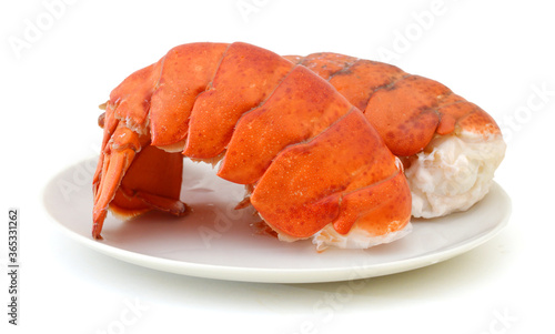 Fresh cooked lobster tails on a white plate
