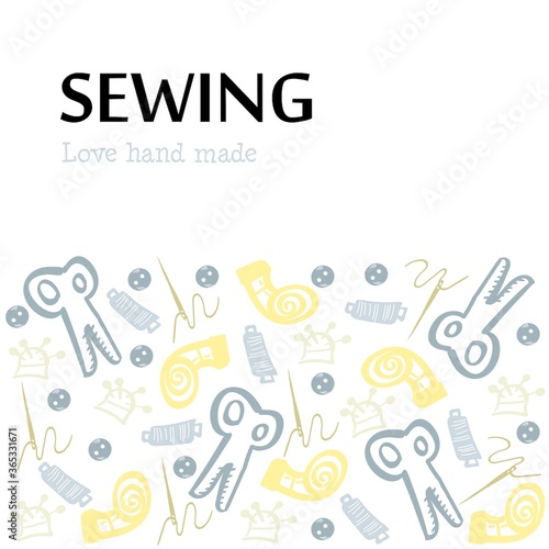 sewing and needlework background - needle, thread, scissors