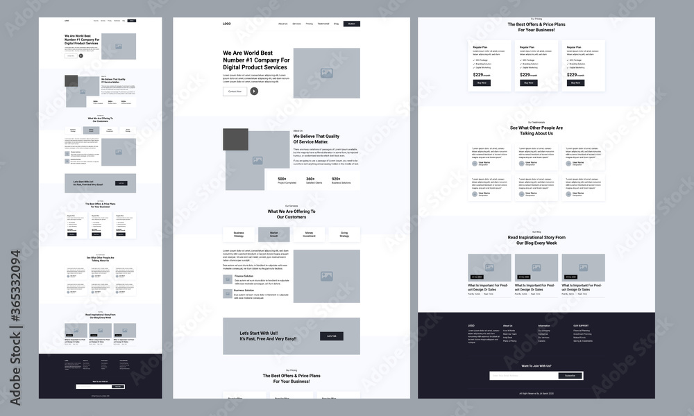One page website design template for landing page wireframe. Modern responsive design. website: home, about us, pricing table, blog, testimonials, footer.