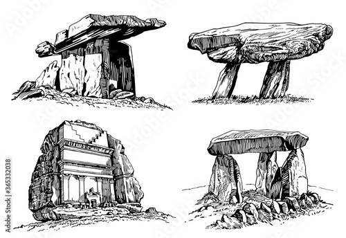 Graphical set of dolmens  isolated on white background, vector megalith,illustration