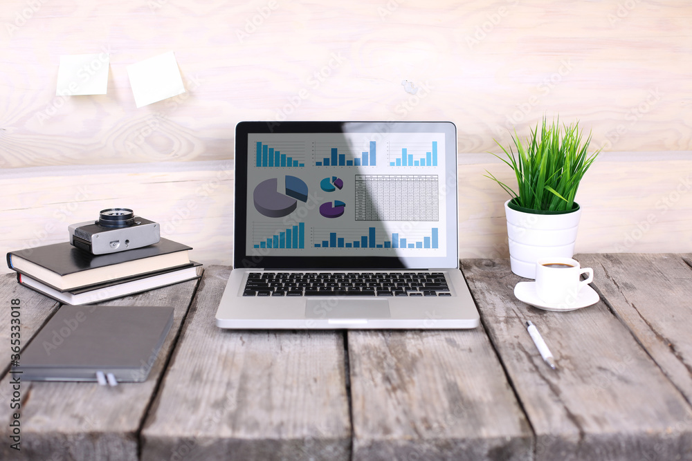 analyzing statistics on laptop screen, working with financial graphs charts online, using business software for data analysis .and project management concept, rear close up view analyzing statistics on laptop screen, working with financial graphs charts online, using business software for data analysis .and project management concept, rear close up view