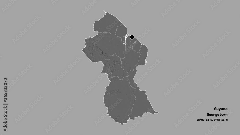 Barima-Waini, region of Guyana, with its capital, localized, outlined and zoomed with informative overlays on a bilevel map in the Stereographic projection. Animation 3D