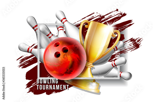 Bowling Game Award. Bowling Ball with and white bowling pin and Golden Cup.