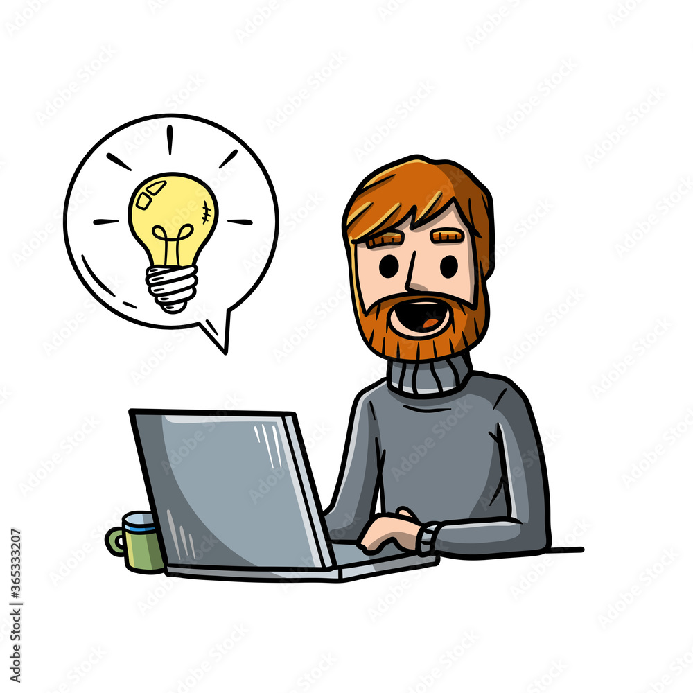 Man sitting at table with laptop. Work as freelancer and programmer. Modern gadget. Smiling happy guy. Bubble with light bulb. Idea concept. Invention and thought. Hand drawn sketch cartoon