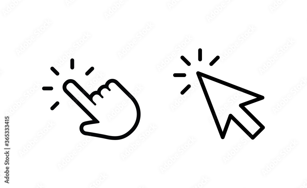 Hand and arrow clicking pointers. Click icons. Hand and arrow clicking pointers. Click icons.