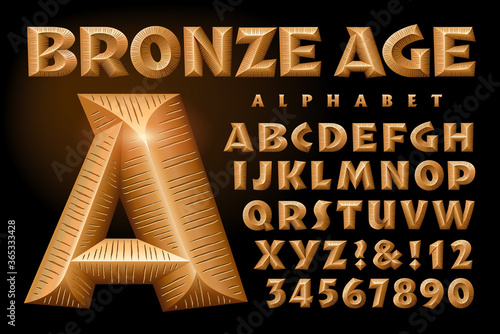 Obraz na plátne Bronze Age is a Bold Alphabet with Beveled 3d Metallic Effects and a Scratched M