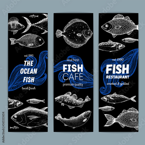 Seafood fish banner set. Fish sketch collection. Hand drawn vector illustration. Food menu illustration. Hand drawn tuna, flounder, cod fish, herring, mackerel, salmon, perch. Engraved style
