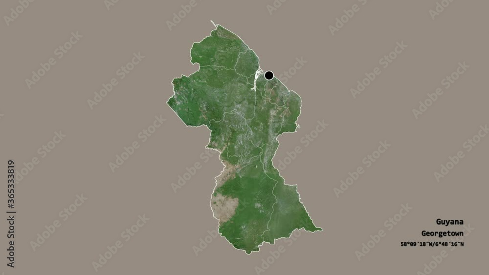 Cuyuni-Mazaruni, region of Guyana, with its capital, localized, outlined and zoomed with informative overlays on a satellite map in the Stereographic projection. Animation 3D