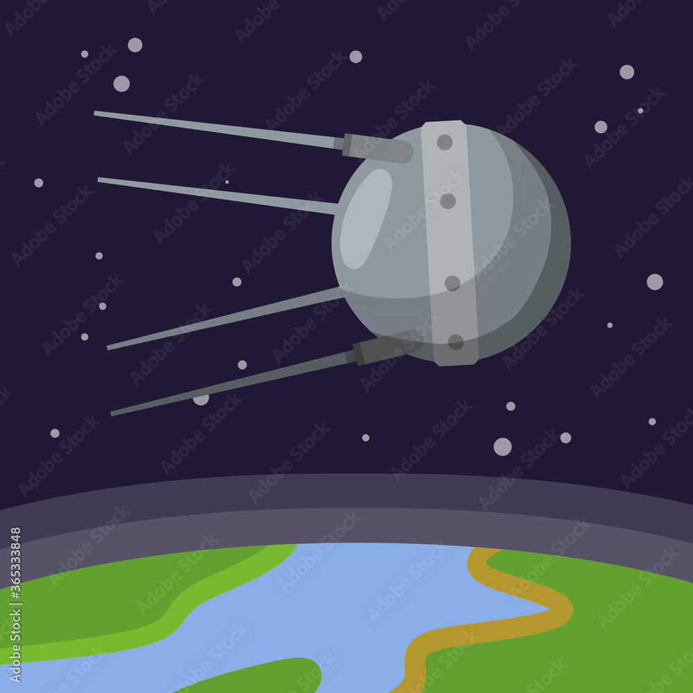 Satellite in space orbiting the earth. Soviet Sputnik fly around planet. Exploration of universe and galaxy. Modern technology. Cartoon flat illustration. first flight into space Satellite in space orbiting the earth. Soviet Sputnik fly around planet. Exploration of universe and galaxy. Modern technology. Cartoon flat illustration. first flight into space