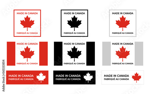 Maple leaf and flag inspired made in Canada labels badge logos sticker in English and French for Canada-made products