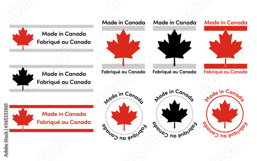 Made in Canada with maple icon labels badge logos sticker in English and French for Canada-made products