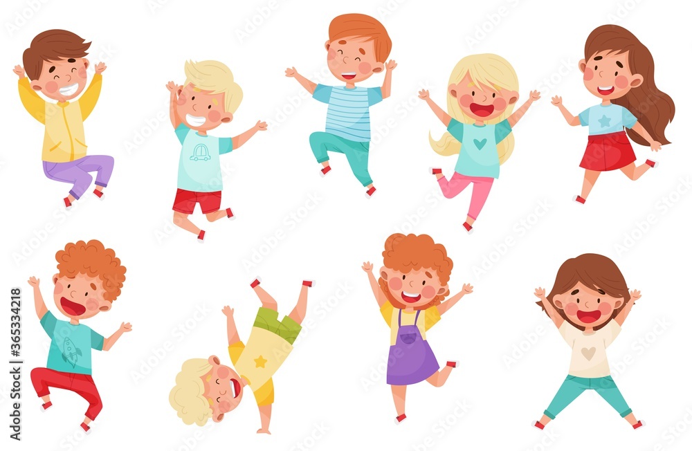 Boy and Girl Characters Jumping High with Joy and Excitement Vector Illustrations Set Boy and Girl Characters Jumping High with Joy and Excitement Vector Illustrations Set