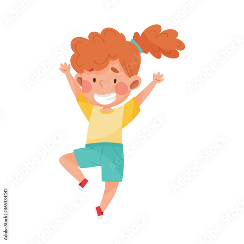 Girl Character with Red Hair Jumping High with Joy and Excitement Vector Illustration