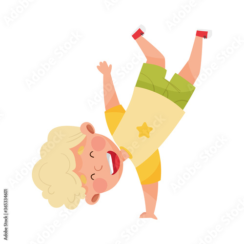 Boy Character Turning Somersaults and Standing Upside Down Joyful and Excited Vector Illustration