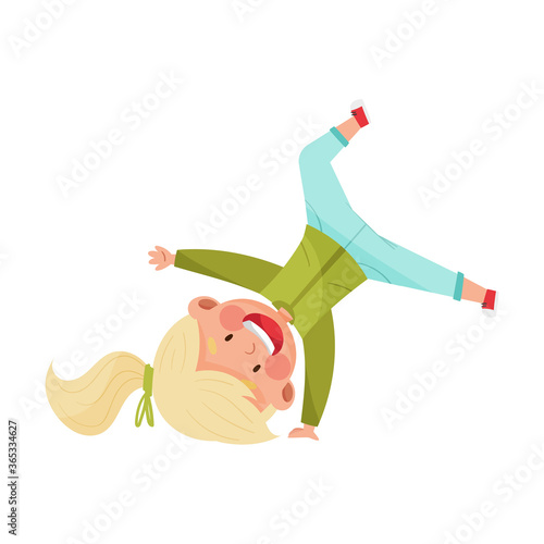 Girl Character Turning Somersaults and Standing Upside Down Joyful and Excited Vector Illustration