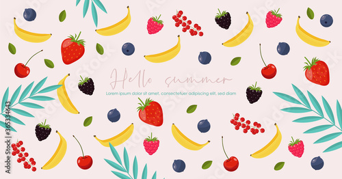 Collection of cute summer elements, tropical banner, berry, banana, strawberry, tropical leaves objects, summer season card vector