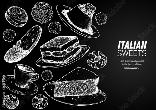Italian dessert vector illustration. Italian sweet hand drawn sketch. Baking collection. Vintage design template. Panna cotta, tiramisu, bombolone, torta caprese, biscotti, pizzelle illustration.