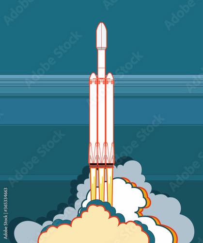 Rocket space craft vector rocket launching. Vector poster spaceship, flame and steam on blue background. Vertical space poster. Spaceship cartoon art, retro style illustration.