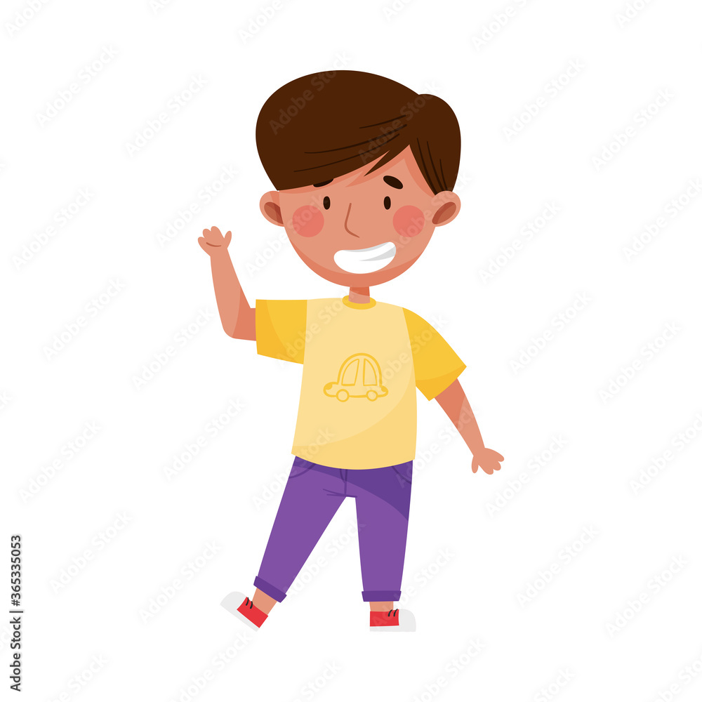 Cheerful Boy Character with Dark Hair Greeting Waving Hand and Saying Hi Vector Illustration