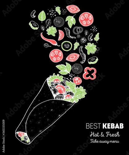 Doner kebab and ingredients for kebab, sketch illustration. Flying salad concept. Arabic cuisine frame. Fast food menu design elements. Shawarma hand drawn. Middle eastern food.