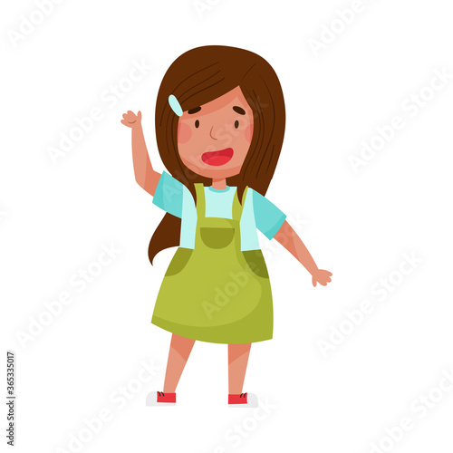 Cheerful Girl Character with Dark Hair Greeting Waving Hand and Saying Hi Vector Illustration