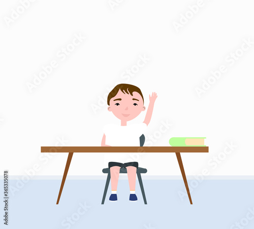 Vector cute happy schoolgirl sitting at the desk with hand up. 