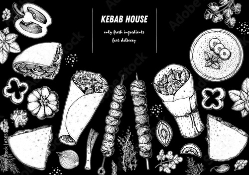 Doner kebab and ingredients for kebab, sketch illustration. Arabic cuisine frame. Fast food menu design elements. Shawarma hand drawn frame. Middle eastern food.