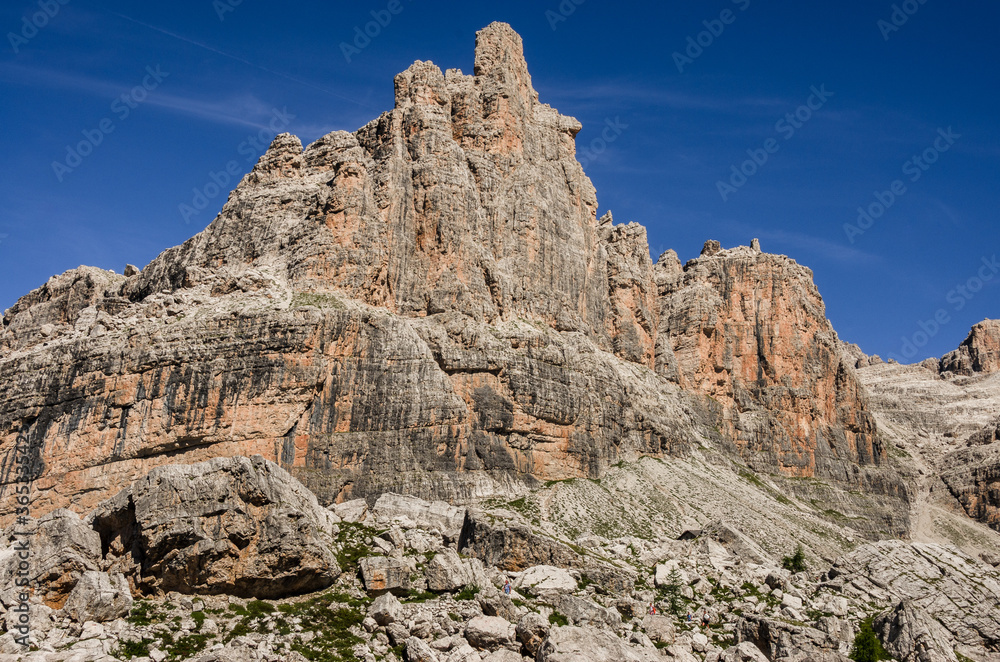 Campanile di Vallesinella, Punta Massari summits, as seen from the trail to Rifugio Tuckett, Brenta Dolomites, Italy.