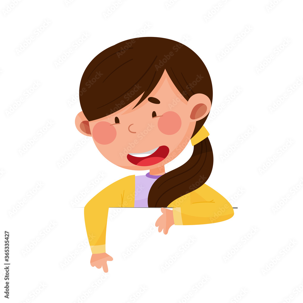 Cute Girl Character with Open Mouth Sitting at Table or School Desk and Speaking Vector Illustration Cute Girl Character with Open Mouth Sitting at Table or School Desk and Speaking Vector Illustration