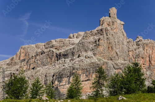 Campanile di Vallesinella, Punta Massari summits, as seen from the trail to Rifugio Tuckett, Brenta Dolomites, Italy.