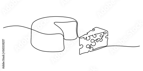 Сheese in continuous line art drawing style. Wheel of cheese with holes and a piece cut from it. Minimalist black linear sketch isolated on white background. Vector illustration