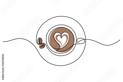 Coffee cup in continuous line art drawing style. Top view of cappuccino drink with heart shaped latte art and coffee beans on the saucer.  Vector illustration
