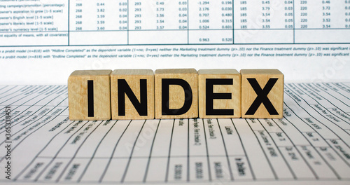 Word Index made with wood building blocks on financial tables