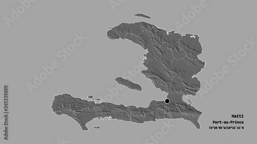 Nippes, department of Haiti, with its capital, localized, outlined and zoomed with informative overlays on a bilevel map in the Stereographic projection. Animation 3D photo