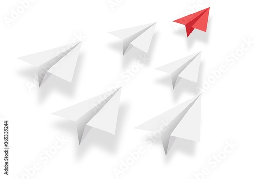 Concept of reaching goal. Paper planes race. Business competition or leadership. Paper planes flying to the destination.