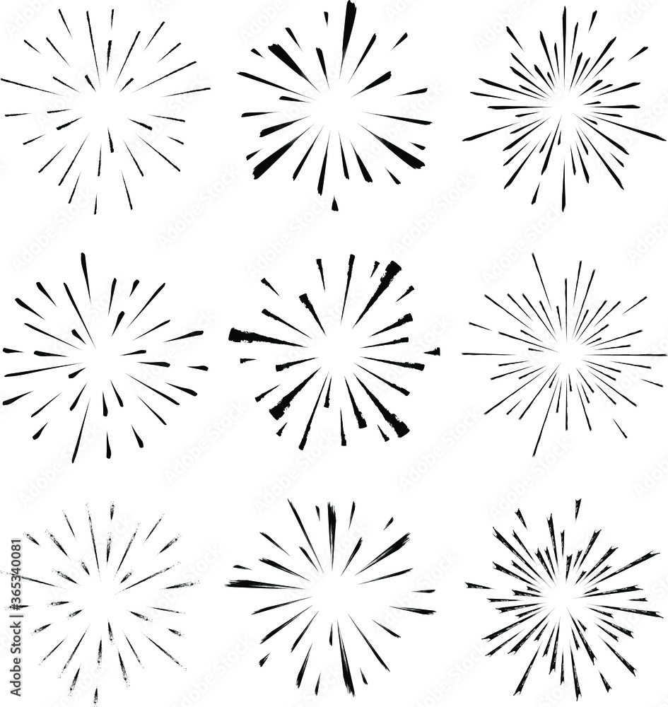Set of black grunge radial speed lines. Circle form. Explosion background. Star rays. Sunburst. Fireworks. Design element for frames, prints, tattoo, web, template, logo, and textile pattern
