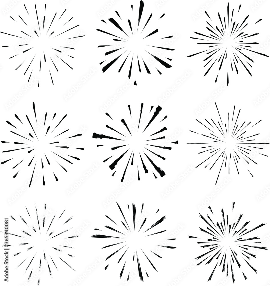 Set of black grunge radial speed lines. Circle form. Explosion background. Star rays. Sunburst. Fireworks. Design element for frames, prints, tattoo, web, template, logo, and textile pattern Set of black grunge radial speed lines. Circle form. Explosion background. Star rays. Sunburst. Fireworks. Design element for frames, prints, tattoo, web, template, logo, and textile pattern