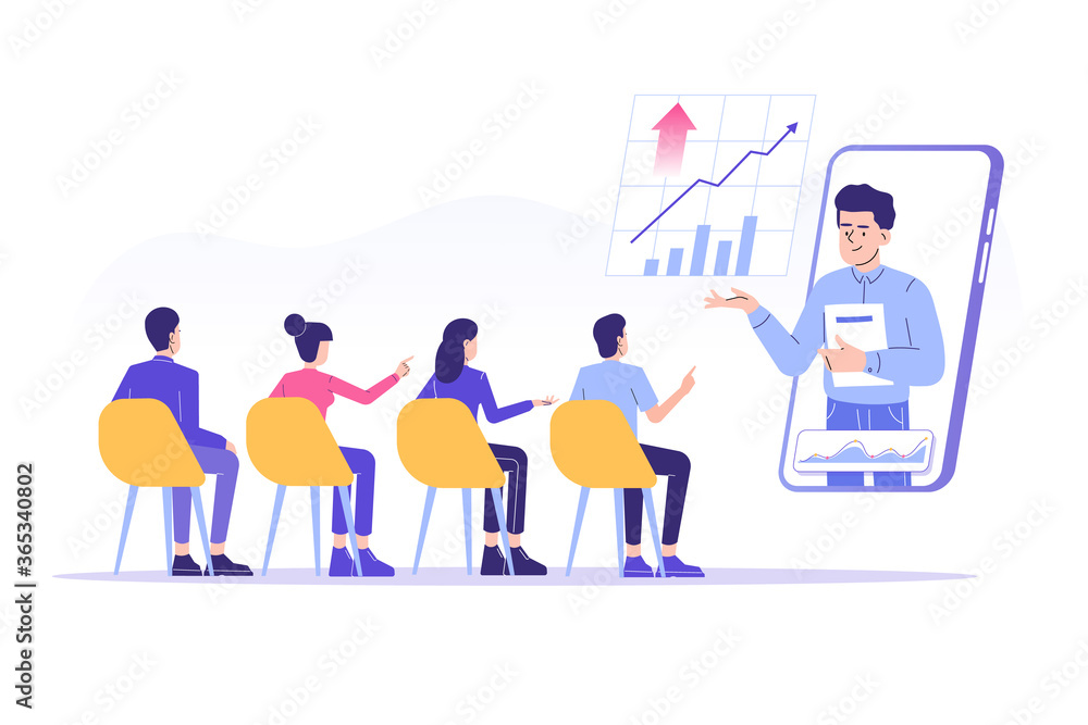 Online Business Training or Courses concept. People sitting at a conference and looking at webinar on smartphone screen. Analysis of infographics. Isolated vector illustration for web, banner, poster