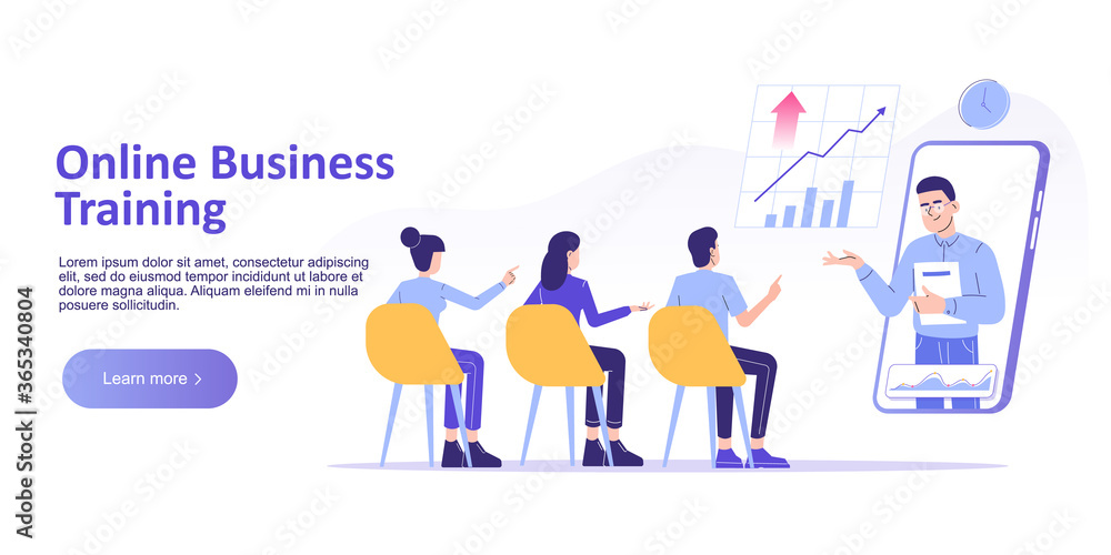 Online Business Training or Courses concept. People sit at a conference and looking at webinar on smartphone screen. Landing page template for website. Isolated vector illustration for web banner